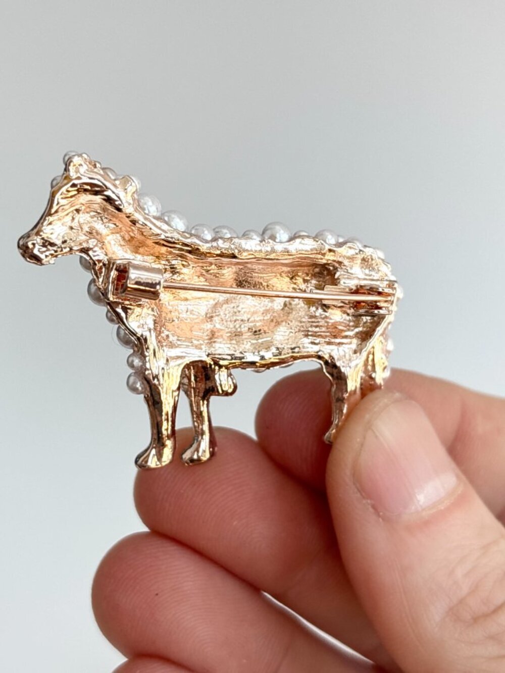 Sheep Figural Faux Pearl Accented Gold Toned Vintage Inspired Brooch Pin - Picture 8 of 14